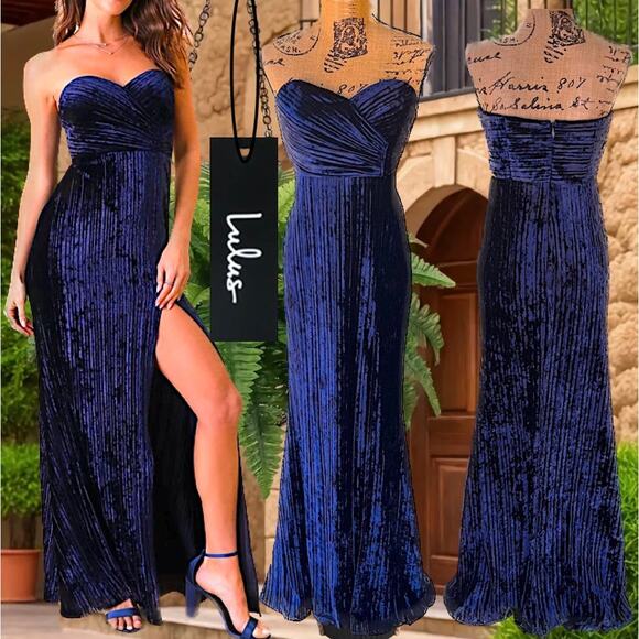 Lulus Navy Blue Crush Velvet Pleated Strapless Classy Sensation Maxi Dress Sz L - Picture 1 of 11